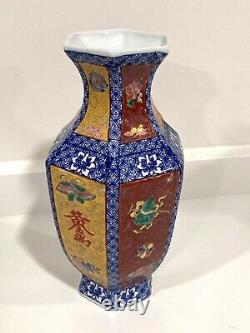 Antique Chinese Famille Rose Porcelain Hexagonal Vase Colorful 12 Tall