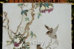 Antique Chinese Famille Rose Porcelain Plaque Birds Painting Signed Tile