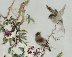 Antique Chinese Famille Rose Porcelain Plaque Birds Painting Signed Tile