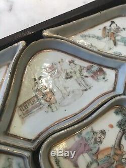 Antique Chinese Famille Rose porcelain Sweet Meat Dishes With Wood Box