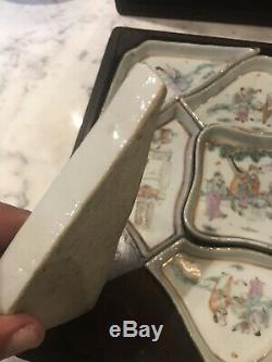 Antique Chinese Famille Rose porcelain Sweet Meat Dishes With Wood Box