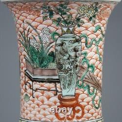 Antique Chinese Famille Verte Kangxi Porcelain Gu Vase with wood stand 18th C