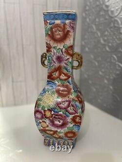 Antique Chinese Floral W Birds Decor Vase With Golden Elephant Accents