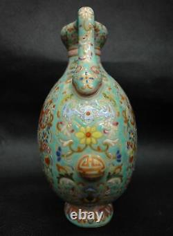 Antique Chinese Green Enamel Painting Porcelain Vase Marked Qianlong