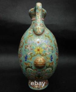 Antique Chinese Green Enamel Painting Porcelain Vase Marked Qianlong