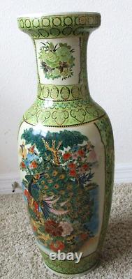 Antique Chinese Hand Painted Peacock Enamel On Porcelain Tall Vase Height 24T