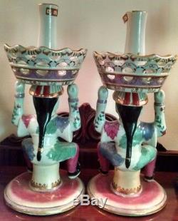 Antique Chinese Import Candlesticks Joss Holders Delightful Porcelain Figurines