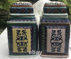 Antique Chinese Pair of Enameled Porcelain Square Ginger Jars RARE
