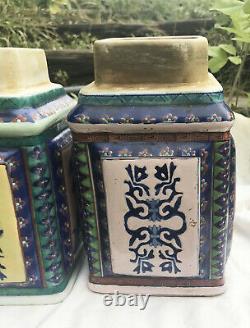 Antique Chinese Pair of Enameled Porcelain Square Ginger Jars RARE