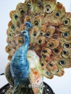 Antique Chinese Peacock Porcelain on Bronze Base Table Lamp. Peacock Lamp