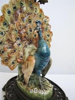 Antique Chinese Peacock Porcelain on Bronze Base Table Lamp. Peacock Lamp