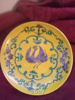 Antique Chinese Phoenix Plate Hand Painted Yelloware Very Rare