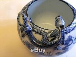 Antique Chinese Porcelain Dragon Bat Brush Pot Bowl On Wooden Stand