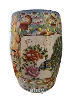 Antique Chinese Porcelain Garden Stool Yellow Ground Famille PeaCock Lotus