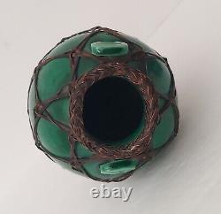 Antique Chinese Porcelain Green Vase withWoven Reed Trim & High Leg Stand 10 X 5