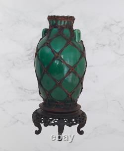 Antique Chinese Porcelain Green Vase withWoven Reed Trim & High Leg Stand 10 X 5