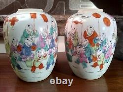 Antique Chinese Porcelain Jars Qing Parade of Boys Famille Rose