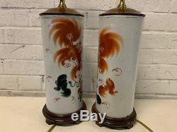 Antique Chinese Porcelain Pair of Wig Stands Cylinder Vases Lamps with Foo Dog Dec