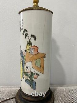 Antique Chinese Porcelain Wig Stand Vase Converted to Lamp Man & Children Dec