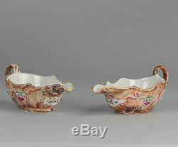 Antique Chinese Porcelain ca 1750 Faux Marble Sauce Boats Famille Rose Qing