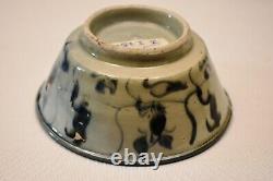 Antique Chinese Pottery Bowl Blue White Porcelain Swirl Lotus Hand Painted Rare