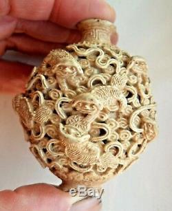 Antique Chinese Qing Dynasty Porcelain Snuff Bottle Nine Buddist Lions