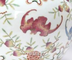 Antique Chinese Qing Guangxu MK Famille Rose Bat & Peach Globular Porcelain Vase
