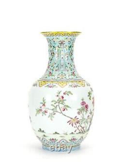 Antique Chinese Qing Jiaqing MK Famille Rose Peach Tree Garden Porcelain Vase