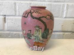 Antique Chinese Qing / Republic Signed Porcelain Vase Pink w 3 Figures Tree Moon