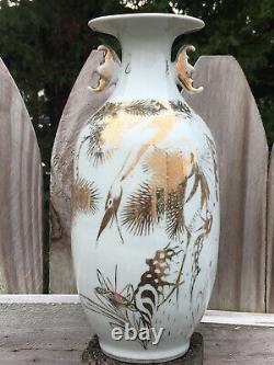 Antique Chinese Republic Porcelain Vase Gold Gilt Hand Paint Heron Egret Marked