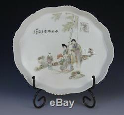 Antique Chinese Signed 1926 Porcelain Plaque Tea Tray Calligraphy Republic
