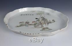 Antique Chinese Signed 1926 Porcelain Plaque Tea Tray Calligraphy Republic