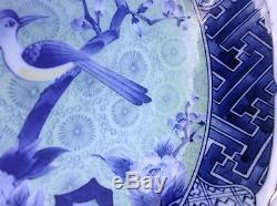 Antique Chinese Signed Rare Blue White Porcelain Bird Flower Big Deep Plate Dish