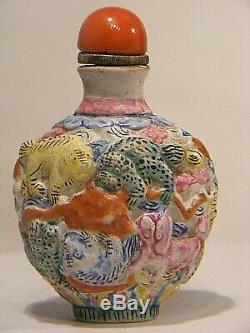 Antique Chinese Snuff Bottle Qing Qianlong Molded Porcelain Buddhist