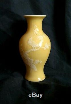 Antique Chinese Yellow Porcelain pate sur pate Bird & Blossom Chinoiserie Vase