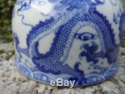 Antique Chinese blue & white water pot with dragon marks 19th c Qing porcelain