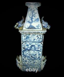 Antique Great Chinese Qing White & Blue Porcelain Signed Vase Bird Feeder Pagoda