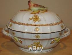 Antique Herend Soup Tureen & Lid Yellow Bird Finial Chinese Bouquet RARE