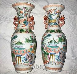 Antique PAIR (2) OF CHINESE PORCELAIN FAMILLE ROSE VASES QING