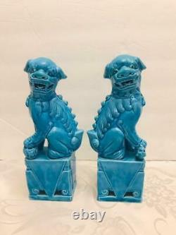 Antique Pair Chinese Porcelain Guardian Lion Foo Dogs 8 Turquoise Blue Statues