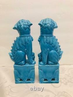 Antique Pair Chinese Porcelain Guardian Lion Foo Dogs 8 Turquoise Blue Statues