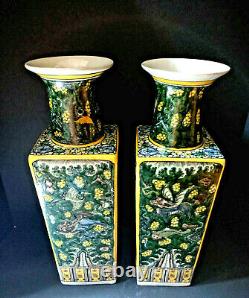 Antique Pair of 18 Chinese Q'ing Dynasty Famille Verte Square Bottle Vases