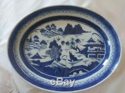 Antique QING DYNASTY Chinese EXPORT Blue & White PORCELAIN CANTON oval Platter