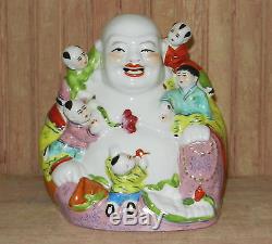 Antique Vintage Chinese Porcelain Happy Laughing Buddha With Children Statue