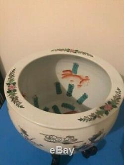 Antique/Vintage Chinese Porcelain Koi Fish Bowl Planter Flowers Crane
