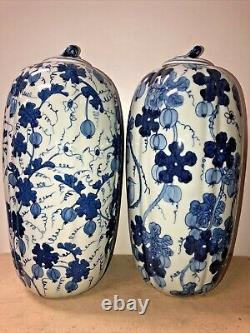 Antique/Vintage Pair of Blue & White Chinese Porcelain Covered Vases H 15 each