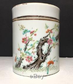 Antique Wucai Famille Rose Enameled Chinese Porcelain Cylindrical Box 19th c