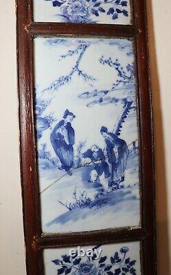 Antique early 1800's blue white Chinese hand made tile porcelain painting plaque