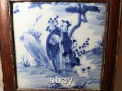 Antique early 1800's blue white Chinese hand made tile porcelain painting plaque