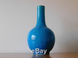 C. 19th Tall Antique Chinese Turquoise Porcelain Lotus Bottle Vase